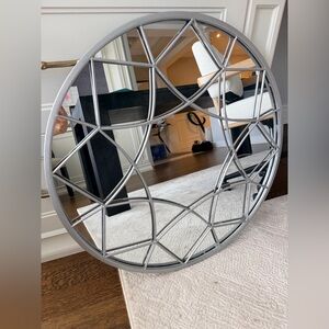 Modern Round Geometric Silver Metal Framed Panelled Wall Mirror Decorative